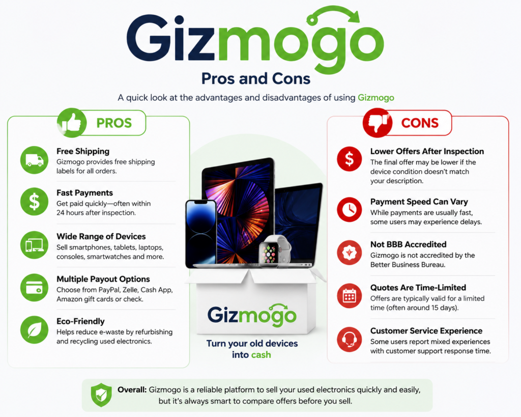 Gizmogo pros and cons infographic